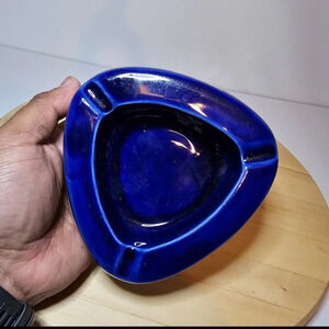Seagrams VO Canadian Ceramic Ashtray Triangle Cobalt Blue With Gold Lettering